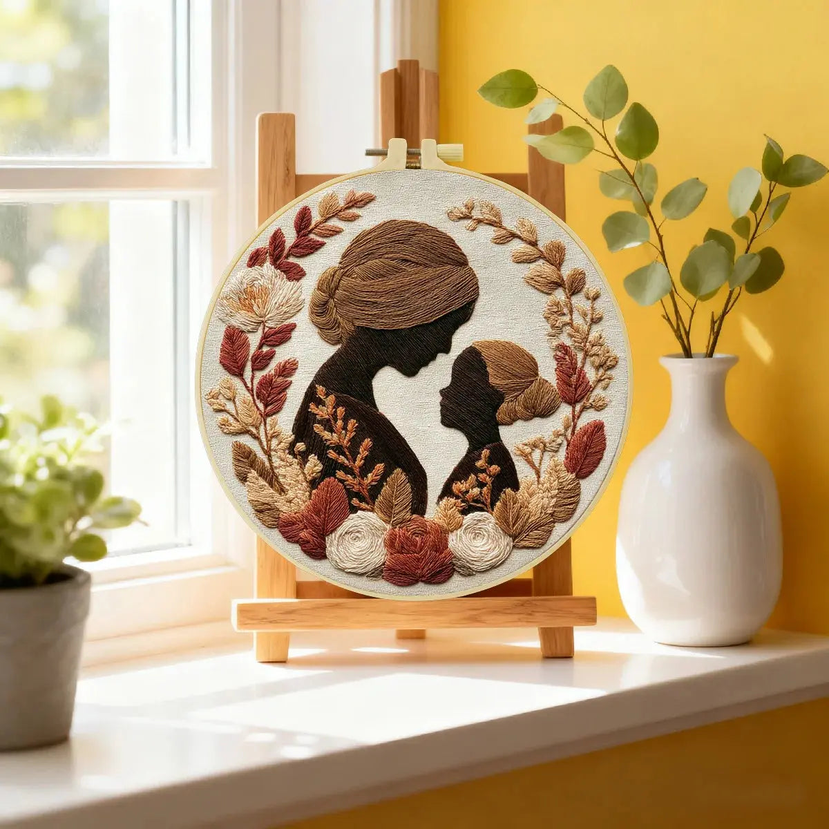 Mother & Daughter Silhouette Embroidery Kit – Elegant Floral Family Needlepoint Pattern with Warm Neutral Earth Tones Kits For Stitchers