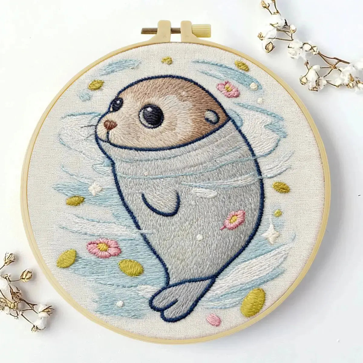 Cute Baby Seal Embroidery Kit – Kawaii Ocean Animal DIY Hand Embroidery Set Kits For Stitchers