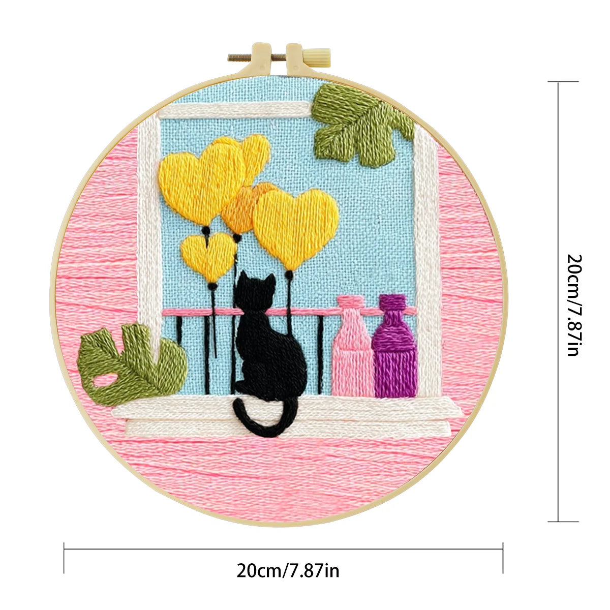 Black Cat & Heart Balloons Window Embroidery DIY Kit – Cute Home Decor Hand Stitching Craft with Hoop & Threads