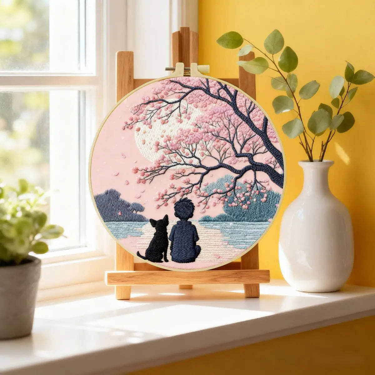 Cherry Blossom Moonlight Embroidery Kit – Peaceful Boy & Dog DIY Hand Embroidery Hoop Art Set