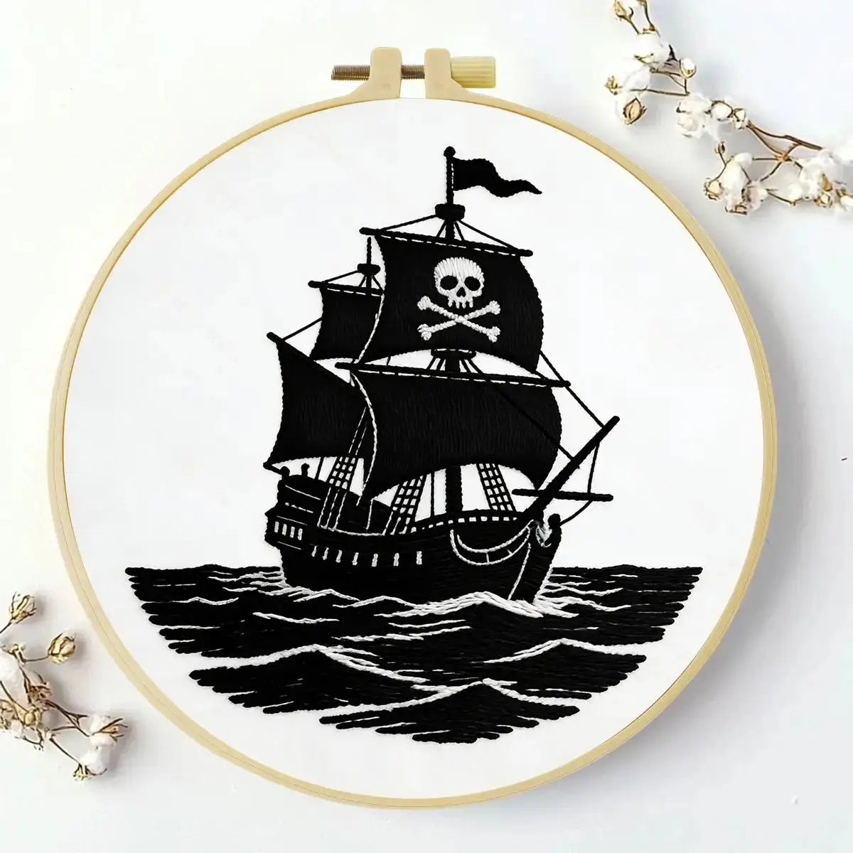 Black Pirate Ship Embroidery Kit โ Skull & Crossbones Nautical Design Kits For Stitchers