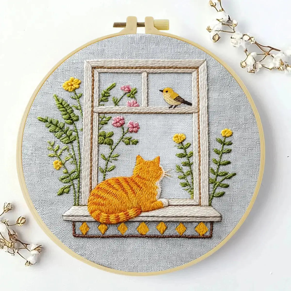 Window Cat Embroidery Kit – Cozy Birdwatching Kitty DIY Hand Embroidery Hoop Art Set Kits For Stitchers