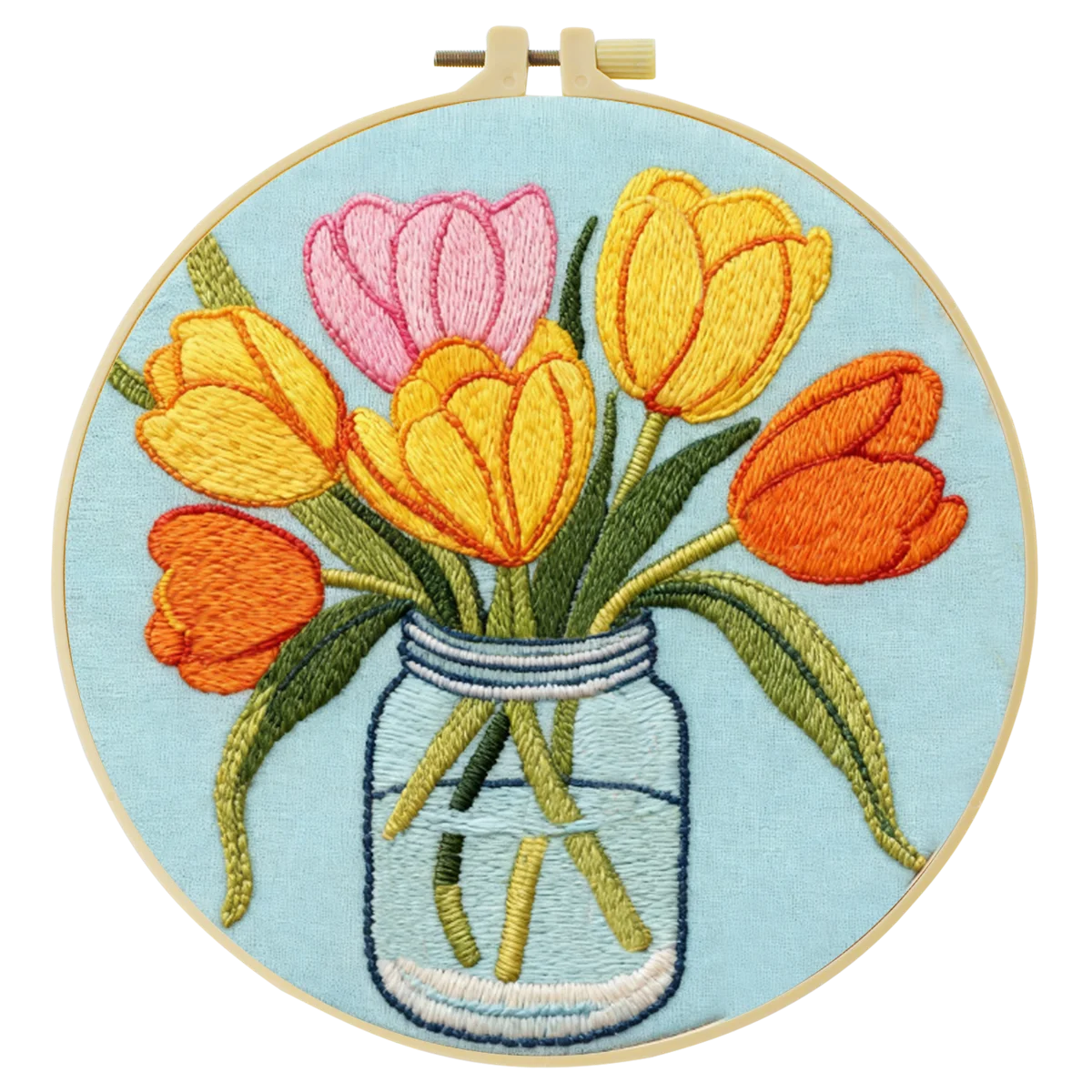Handmade Tulip Bouquet Embroidery Hoop Wall Art – Colorful Floral Mason Jar Decor