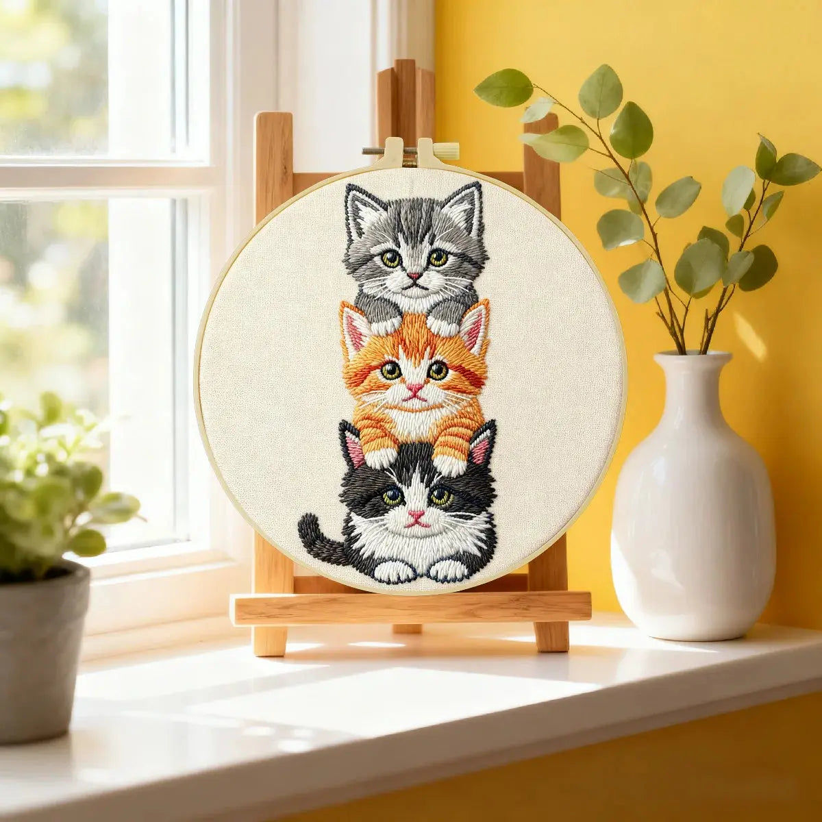 Stacked Kittens Embroidery Kit – Cute Cat Trio Needlepoint Pattern with Playful Kitten Faces for Cat Lover Decor Kits For Stitchers