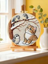 Winter Kitten & Snowbirds Embroidery DIY Kit – Cute Animal Hand Stitch Craft with Hoop & Threads