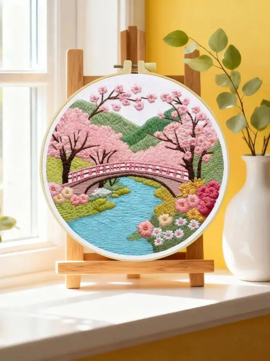 Cherry Blossom Bridge Embroidery Kit โ Japanese Spring Garden Landscape Design Kits For Stitchers
