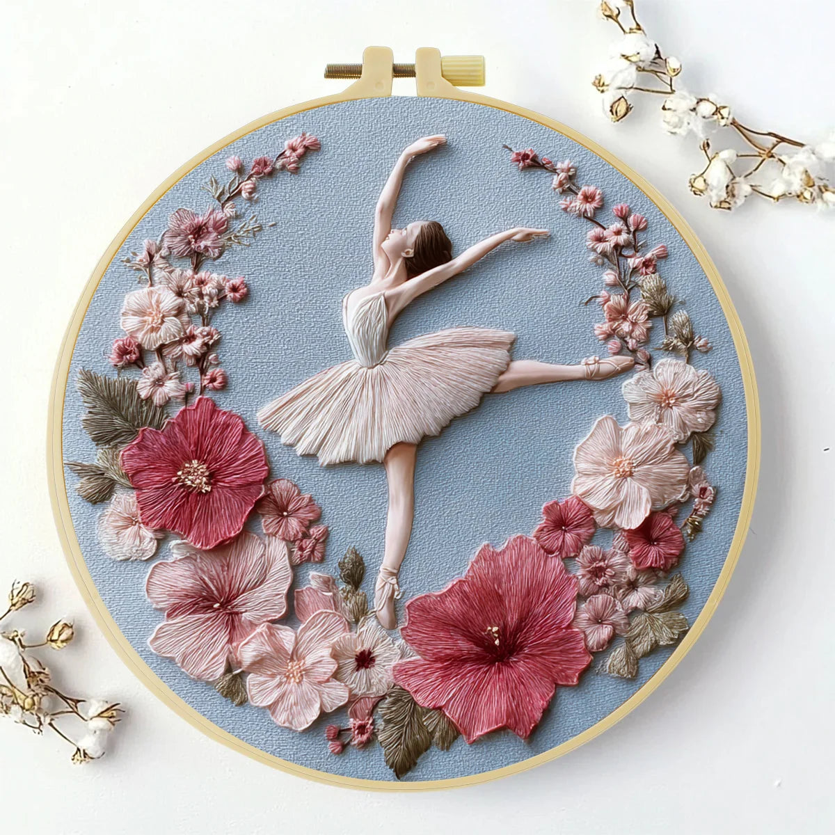 Handmade Ballerina Floral Embroidery Hoop Wall Art – Elegant Ballet Dancer Fiber Decor