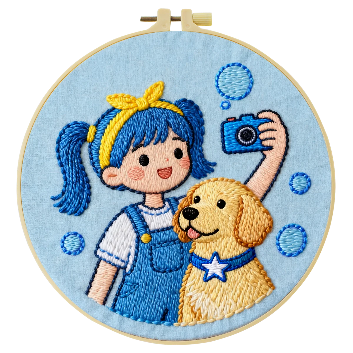 Girl & Puppy Embroidery DIY Kit – Cute Kids Beginner Stitching Kit with Hoop, Pattern & Threads