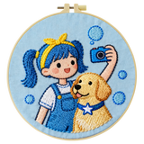 Girl & Puppy Embroidery DIY Kit – Cute Kids Beginner Stitching Kit with Hoop, Pattern & Threads