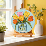 Handmade Tulip Bouquet Embroidery Hoop Wall Art – Colorful Floral Mason Jar Decor