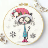 Christmas Cat Embroidery Kit – Cute Winter Kitty DIY Hand Embroidery Hoop Art Set