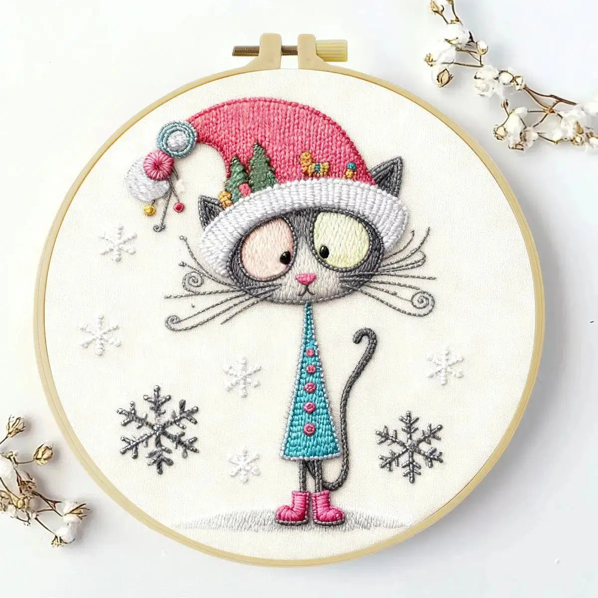 Christmas Cat Embroidery Kit – Cute Winter Kitty DIY Hand Embroidery Hoop Art Set Kits For Stitchers
