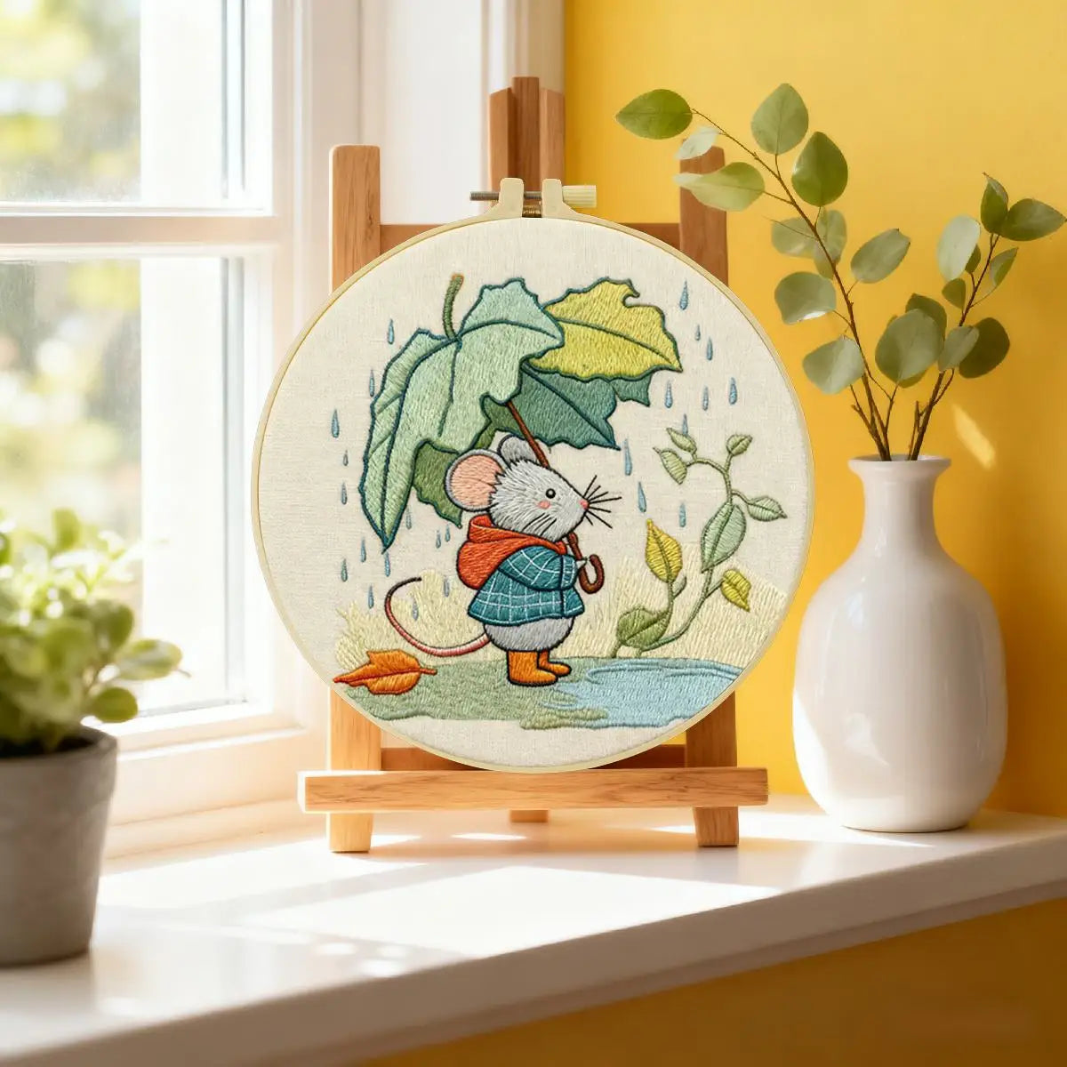 Cute Mouse with Leaf Umbrella Embroidery Kit – Whimsical Rainy Day DIY Hand Embroidery Hoop Art Set