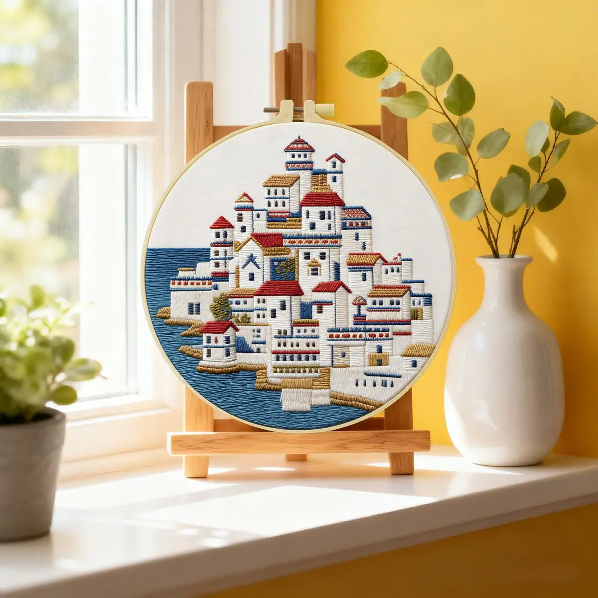 Mediterranean Seaside Village Embroidery Kit – Coastal Greek Town DIY Needlepoint Hoop Art Nautical Travel Decor Craft Gift for Adults