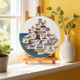Mediterranean Seaside Village Embroidery Kit – Coastal Greek Town DIY Needlepoint Hoop Art Nautical Travel Decor Craft Gift for Adults