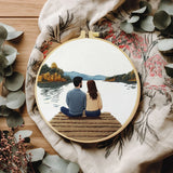 Romantic Lake Couple Embroidery Kit – Cozy Dock Scene Needlepoint Pattern with Peaceful Nature & Minimalist Love Art