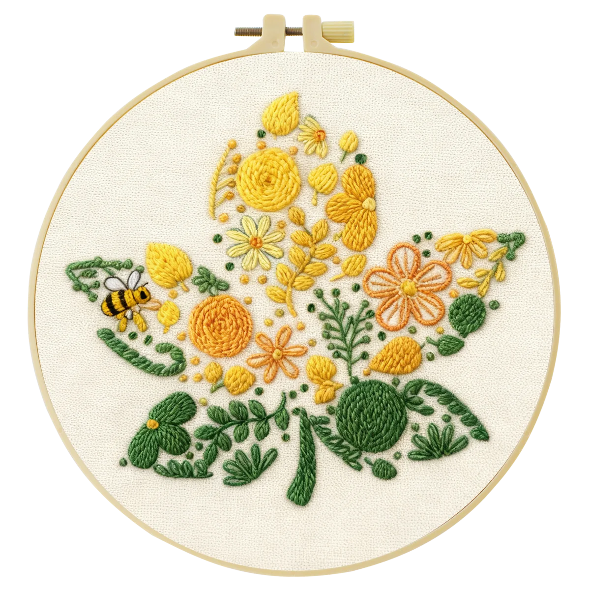 Yellow Floral Embroidery Kit with Bee – Modern Flower DIY Hand Embroidery Hoop Art, Botanical Wall Decor Craft