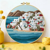 Santorini Coastal Village Embroidery Kit – Greek Island Seascape DIY Needlepoint Hoop Art Mediterranean Home Decor Craft Gift Kits For Stitchers