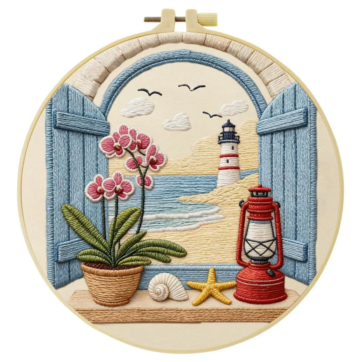 Coastal Lighthouse Embroidery Kit for Beginners – DIY Beach Hand Embroidery Hoop Set