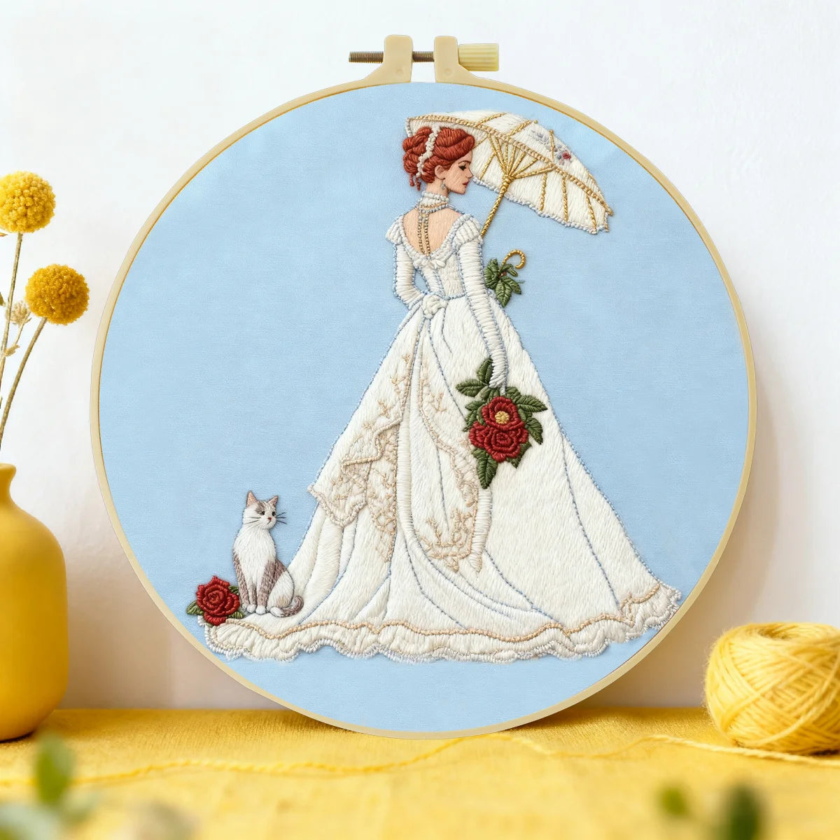 Victorian Lady Embroidery Kit – Elegant Woman with Parasol & Cat Needlepoint Pattern in Romantic Vintage Style