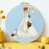 Victorian Lady Embroidery Kit – Elegant Woman with Parasol & Cat Needlepoint Pattern in Romantic Vintage Style