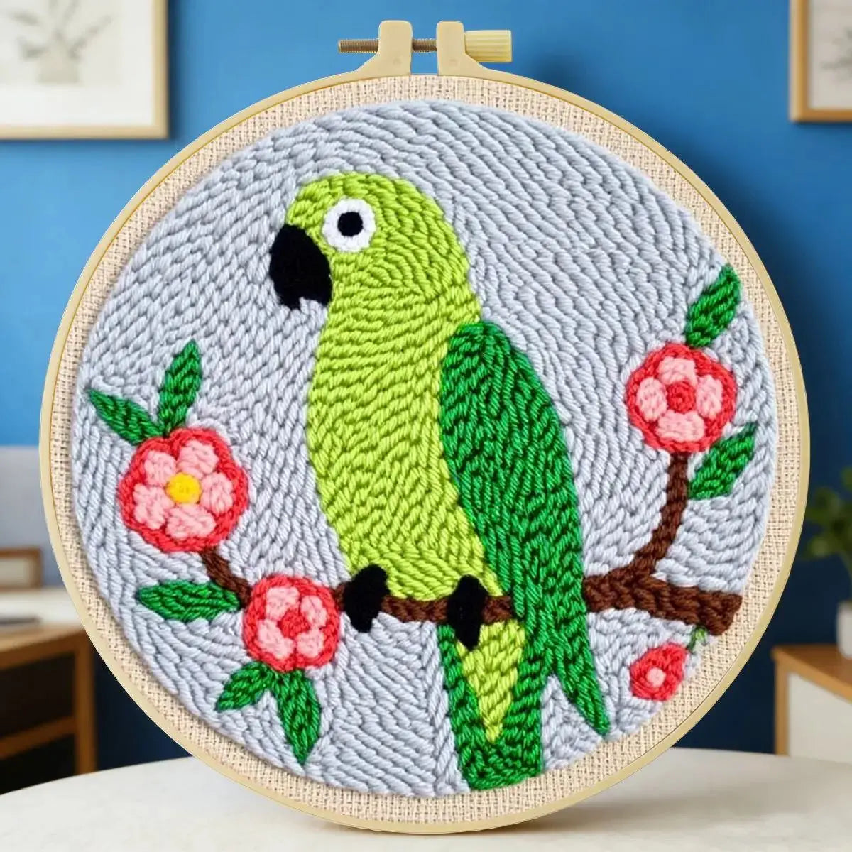 Cute Parrot Punch Needle Wall Art – Handmade Embroidery Hoop Decor for Nursery & Cozy Rooms Kits For Stitchers