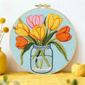 Handmade Tulip Bouquet Embroidery Hoop Wall Art – Colorful Floral Mason Jar Decor Kits For Stitchers