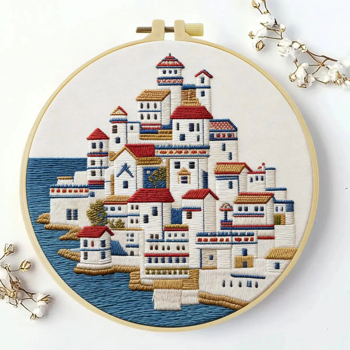 Mediterranean Seaside Village Embroidery Kit – Coastal Greek Town DIY Needlepoint Hoop Art Nautical Travel Decor Craft Gift for Adults Kits For Stitchers