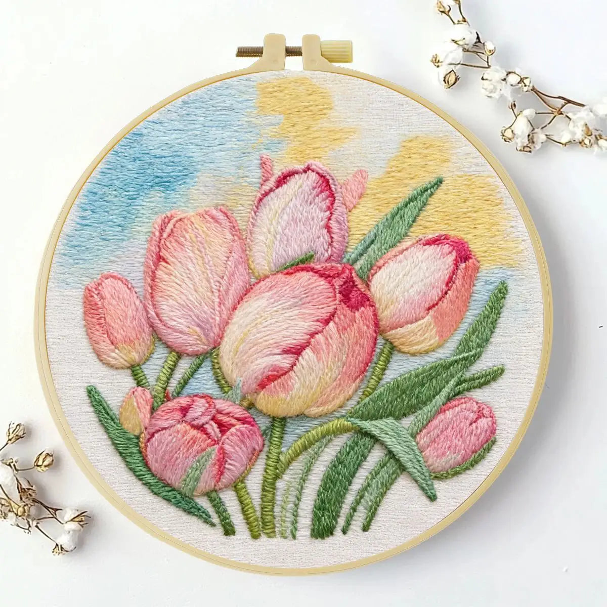 Pink Tulip Flower Embroidery Kit – DIY Floral Hoop Art for Beginners & Garden Lovers