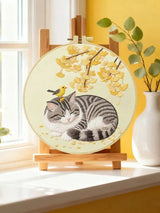 Sleeping Cat with Bird Embroidery Starter Kit – DIY Cute Animal Sewing Art Set for Beginne Kits For Stitchers