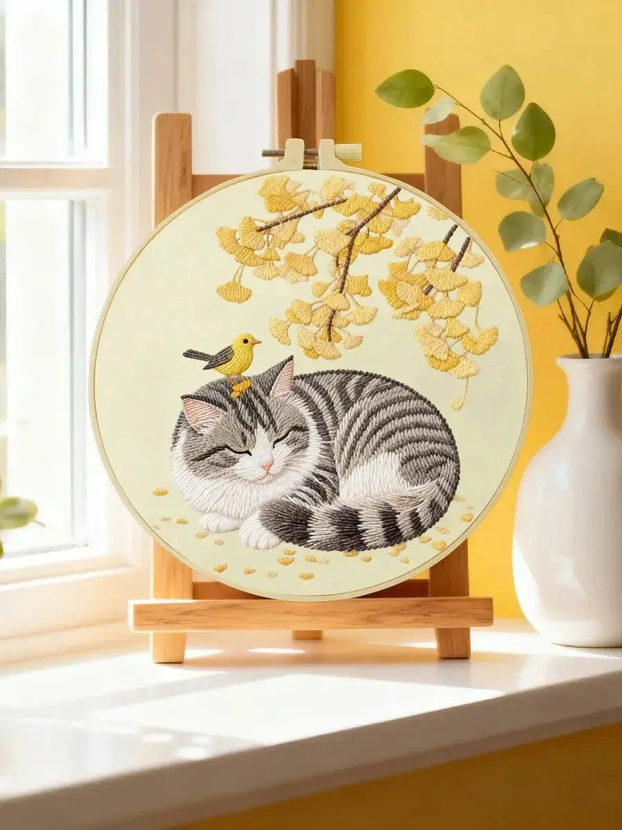 Sleeping Cat with Bird Embroidery Starter Kit – DIY Cute Animal Sewing Art Set for Beginne Kits For Stitchers