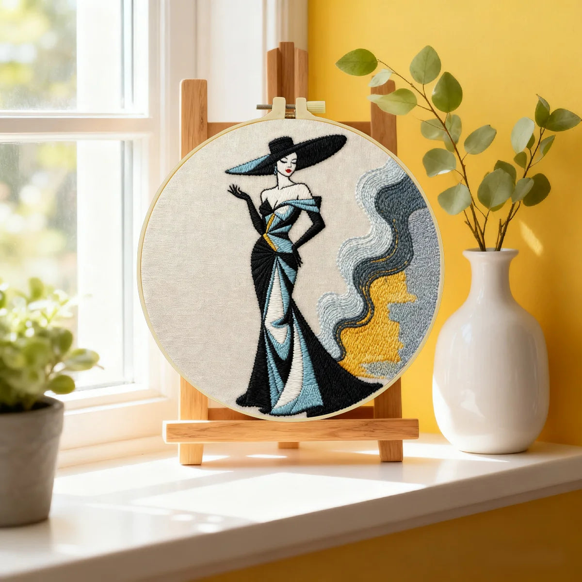 Handmade Elegant Lady Embroidery Hoop Wall Art – Vintage Fashion Portrait Decor