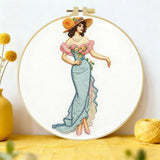 Vintage Lady in Elegant Dress Embroidery Kit – Victorian Style Woman with Floral Gown & Hat DIY Hand Stitch Art Set with Hoop & Threads