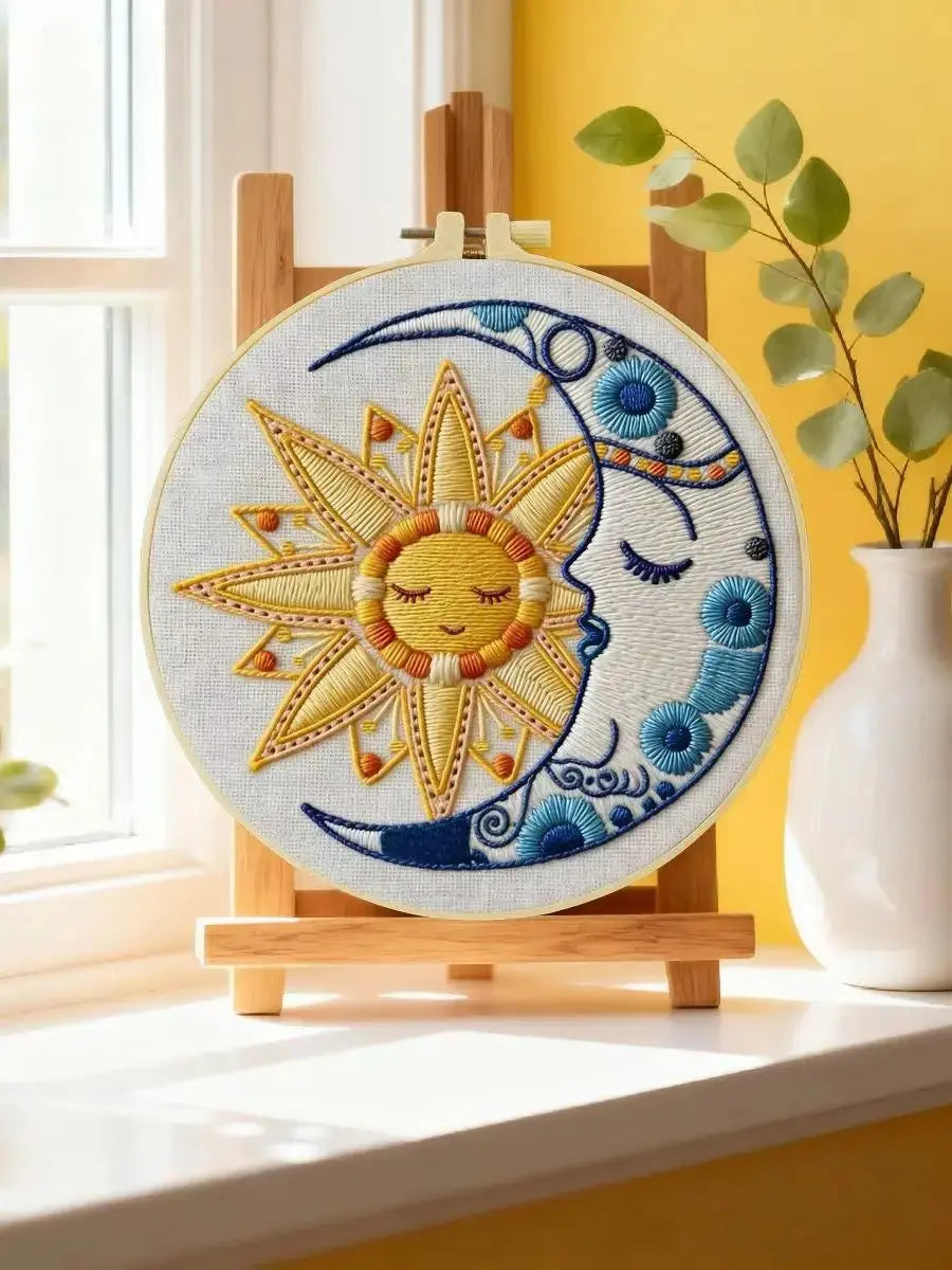 Sun & Moon Embroidery Kit – Celestial Harmony DIY Hand Embroidery Hoop Art Set Kits For Stitchers