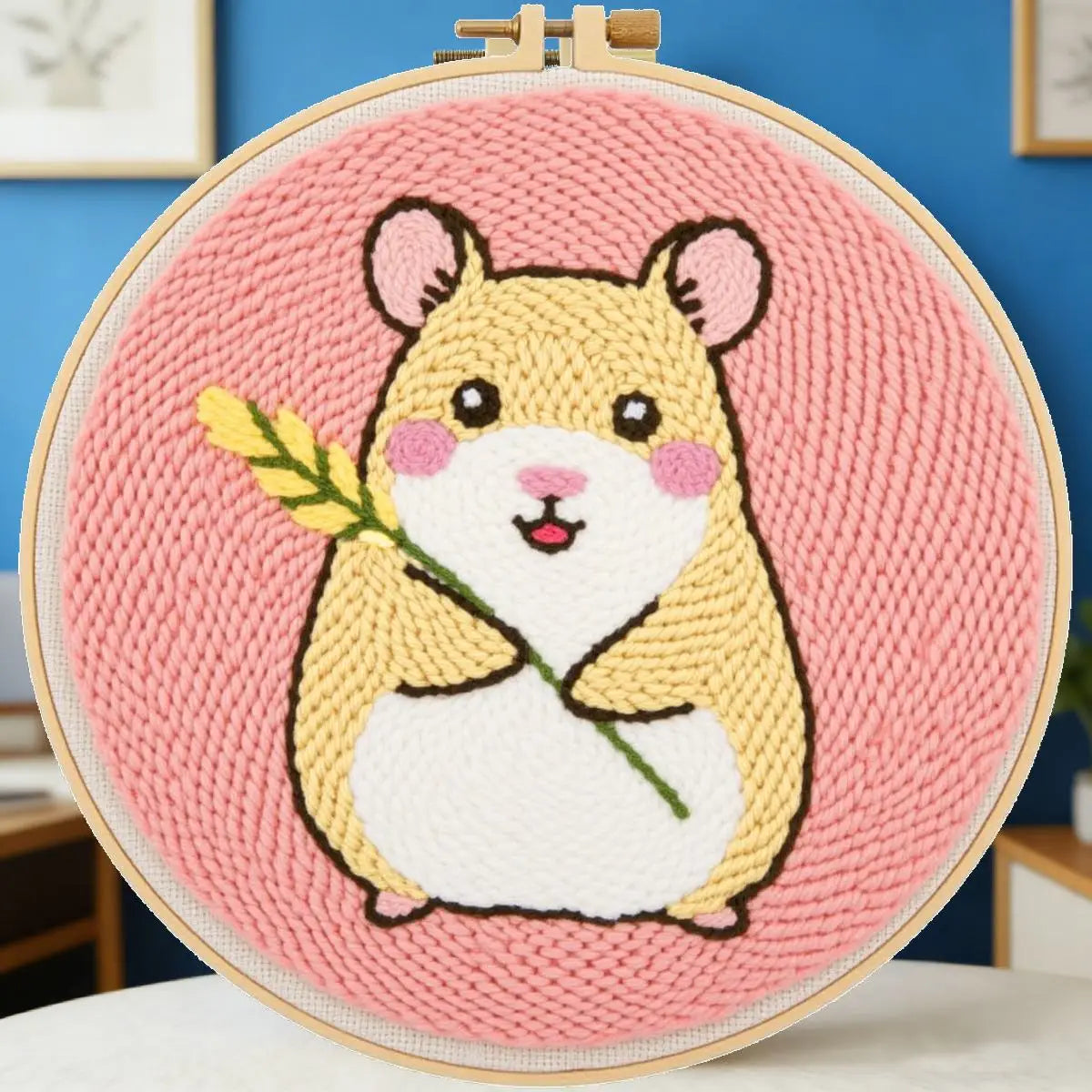 Cute Hamster Punch Needle Wall Art – Handmade Embroidery Hoop Decor for Nursery & Cozy Rooms