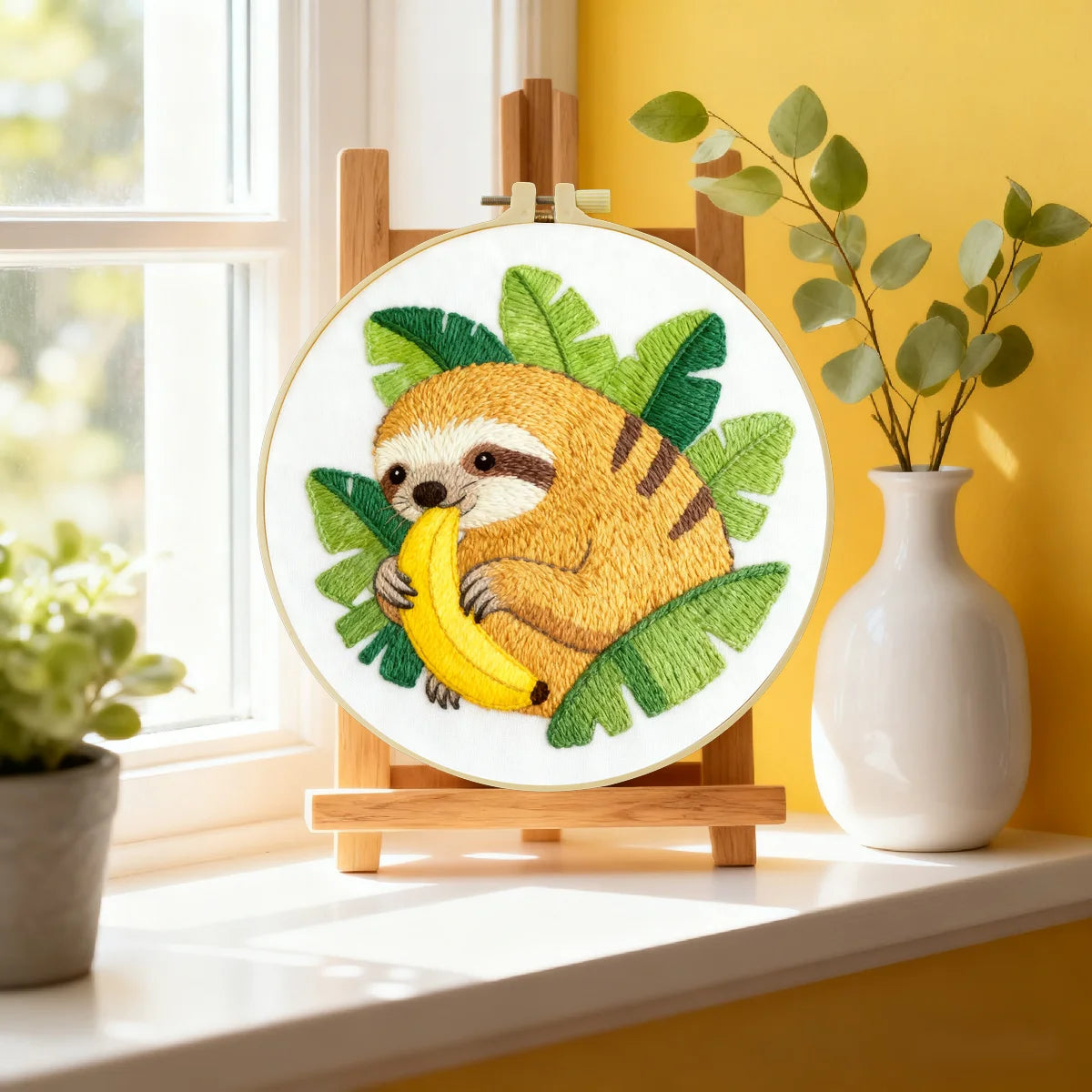 Cute Sloth Embroidery Kit with Banana – Tropical Animal DIY Hand Embroidery Hoop Art, Jungle Nursery Wall Decor Craft Kit