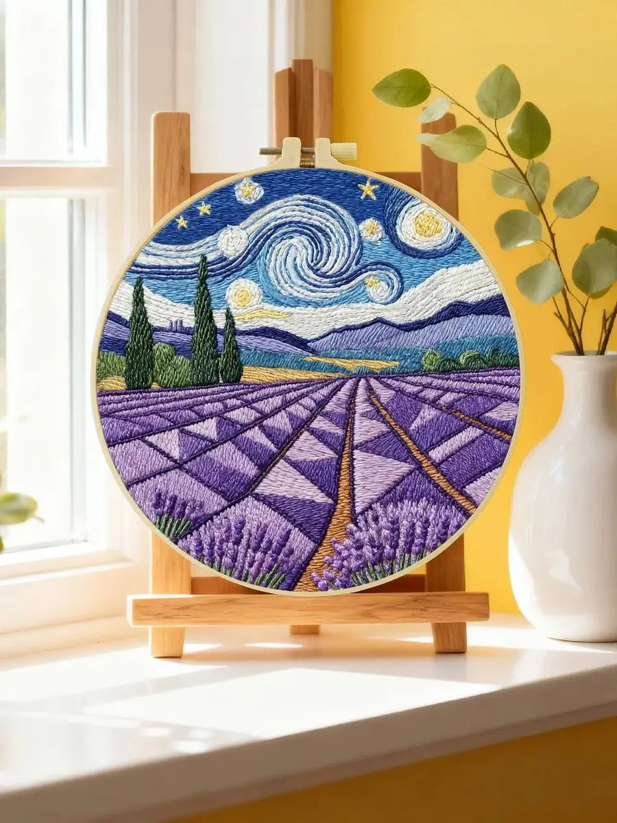 Handmade Lavender Field Embroidery Hoop Wall Art – Starry Night Inspired Landscape Decor