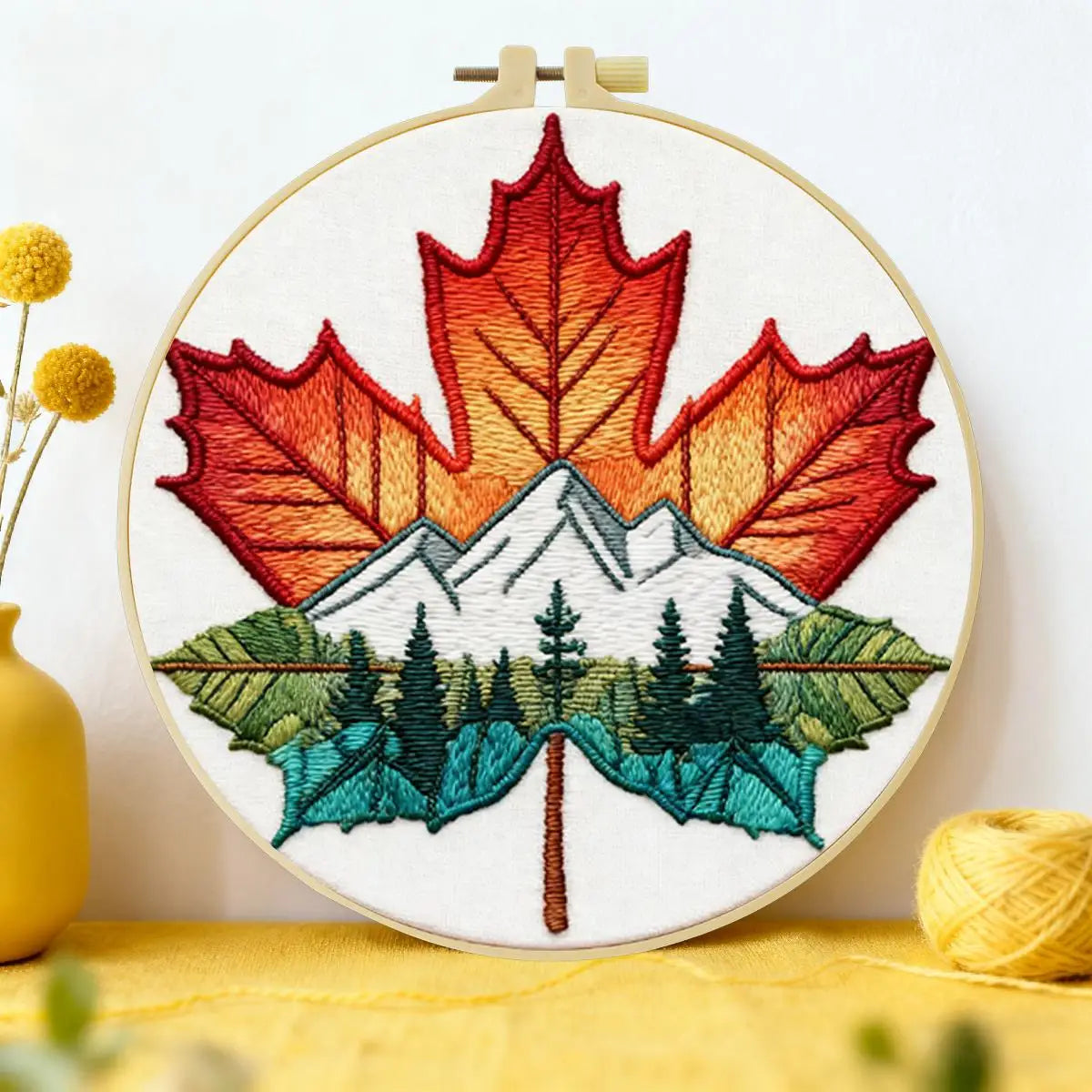Maple Leaf Mountain Embroidery Kit – Nature Landscape DIY Hand Embroidery Hoop Art Set