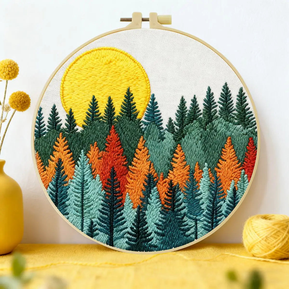 Moonlit Forest Embroidery Kit – Colorful Pine Trees DIY Hand Embroidery Hoop Art Set