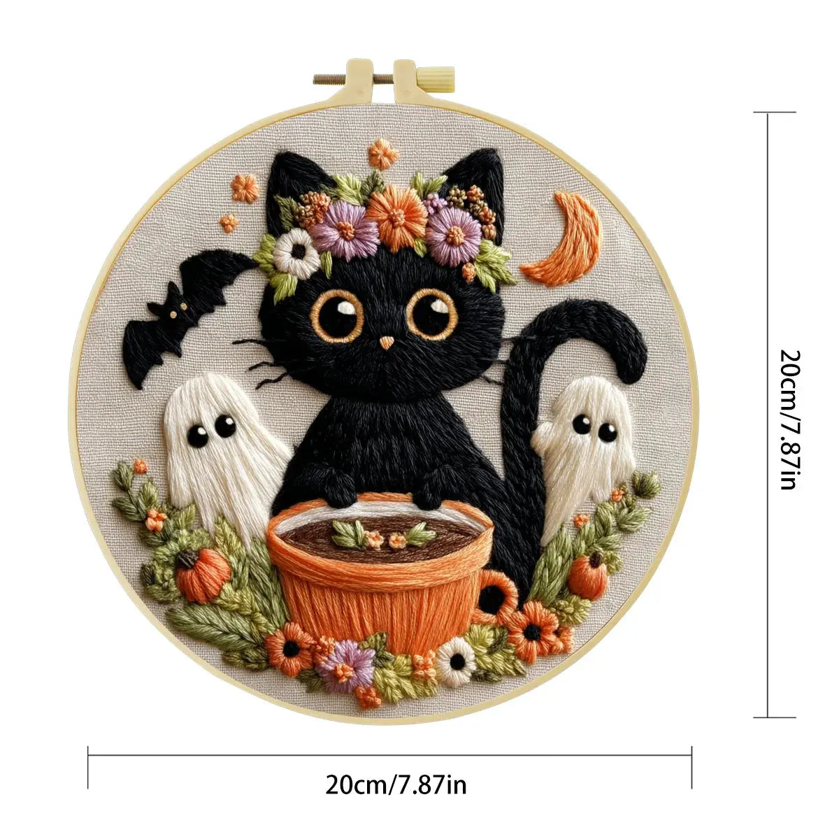 Hand-Embroidered Black Cat Halloween Hoop Art – Spooky Wall Decor The Stichers Heavane
