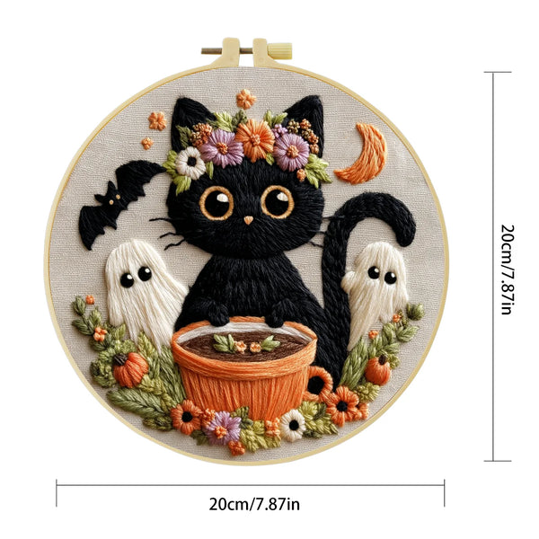 Hand-Embroidered Black Cat Halloween Hoop Art – Spooky Wall Decor