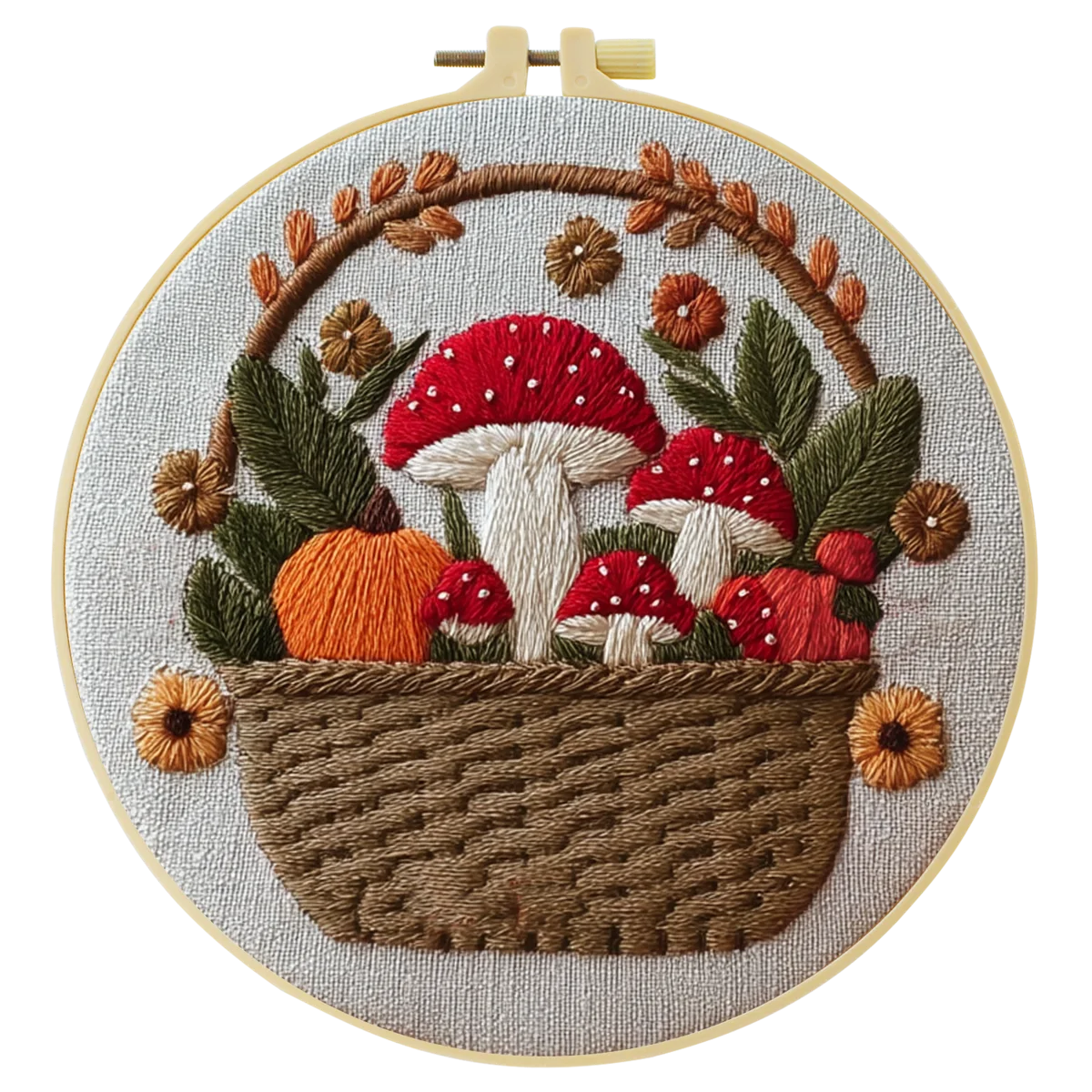 Hand-Embroidered Mushroom Basket Wall Art – Woodland Hoop Decor
