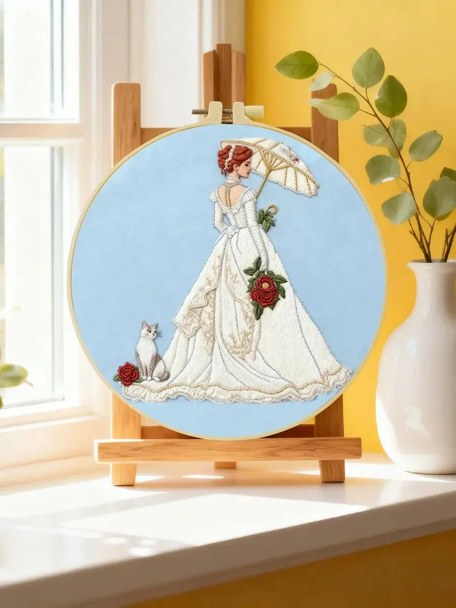 Victorian Lady Embroidery Kit – Elegant Woman with Parasol & Cat Needlepoint Pattern in Romantic Vintage Style