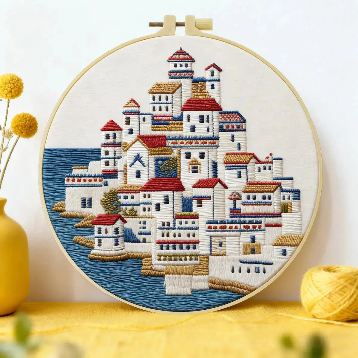 Mediterranean Seaside Village Embroidery Kit – Coastal Greek Town DIY Needlepoint Hoop Art Nautical Travel Decor Craft Gift for Adults Kits For Stitchers