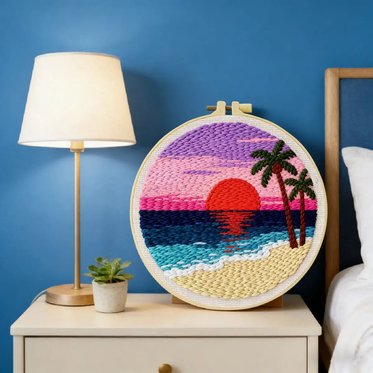 Tropical Sunset Beach Punch Needle Wall Art – Handmade Embroidery Hoop Decor for Nursery & Cozy Roo