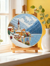 Snowy Mountain Village Embroidery Kit – Winter Alpine Landscape DIY Sewing Craft, Scenic Lake Hoop Wall Art