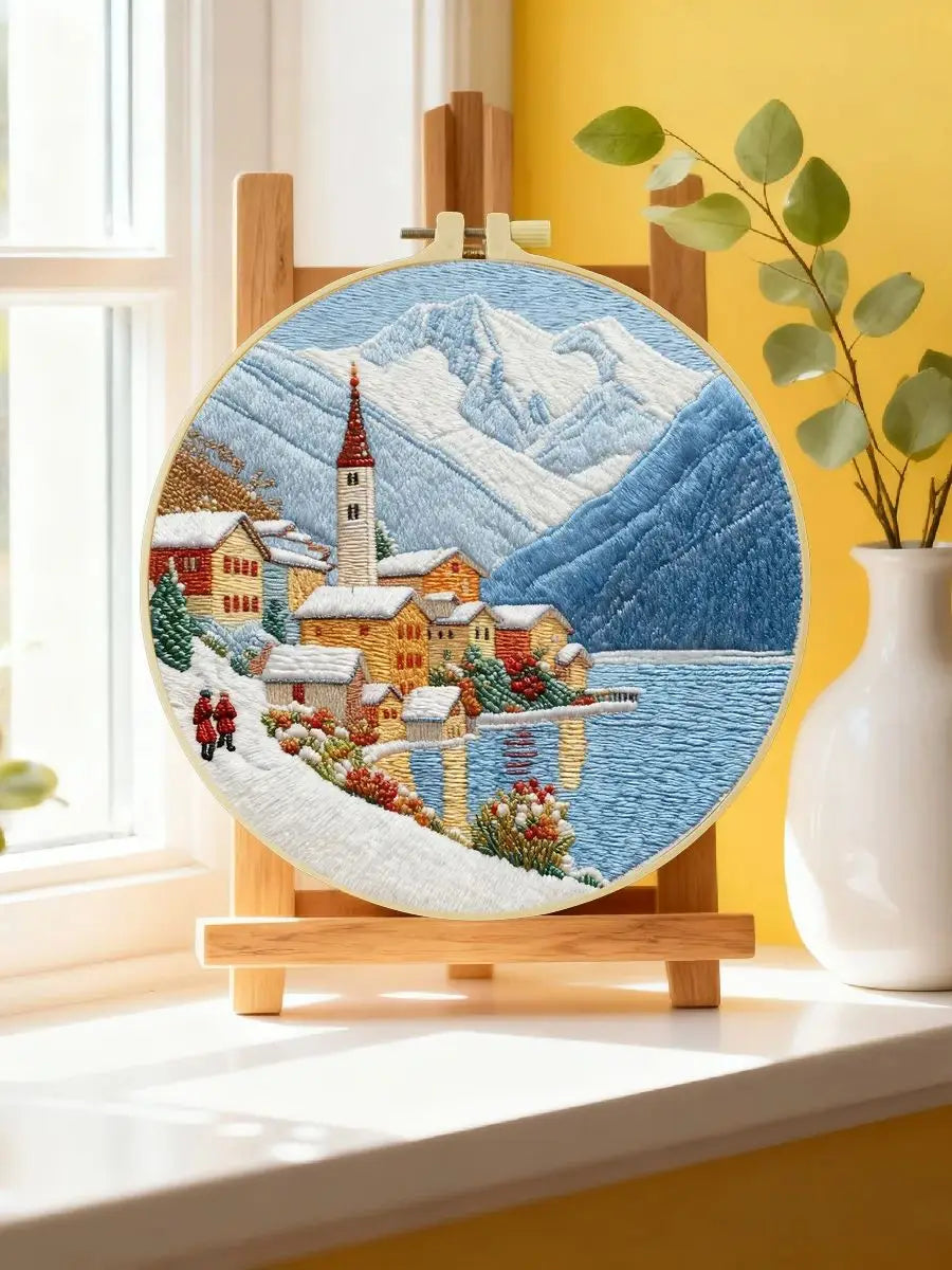 Snowy Mountain Village Embroidery Kit – Winter Alpine Landscape DIY Sewing Craft, Scenic Lake Hoop Wall Art