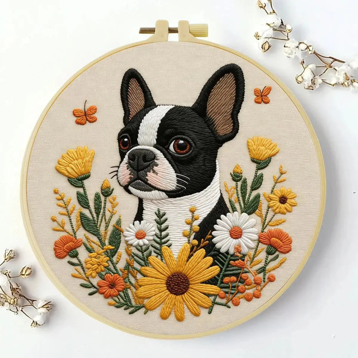 Boston Terrier Embroidery Kit – Floral Puppy DIY Hand Embroidery Hoop Art Set Kits For Stitchers