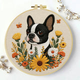 Boston Terrier Embroidery Kit – Floral Puppy DIY Hand Embroidery Hoop Art Set Kits For Stitchers