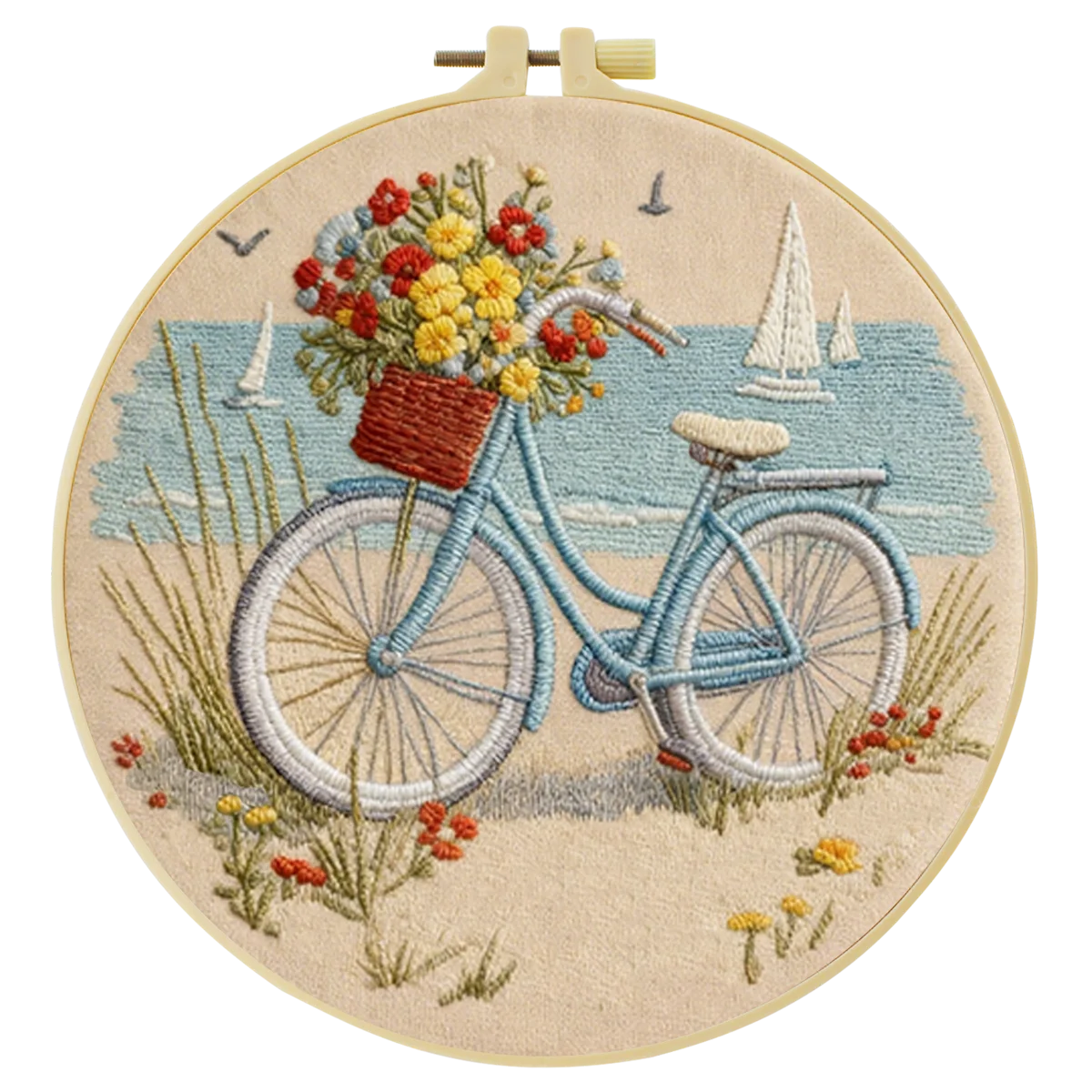 Handmade Beach Bicycle Embroidery Hoop Wall Art – Coastal Floral Bike Cottage Decor